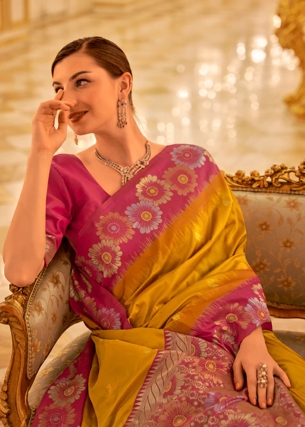 HONEY GOLD & PINK TWO TONE WOVEN BANARASI SILK SAREE