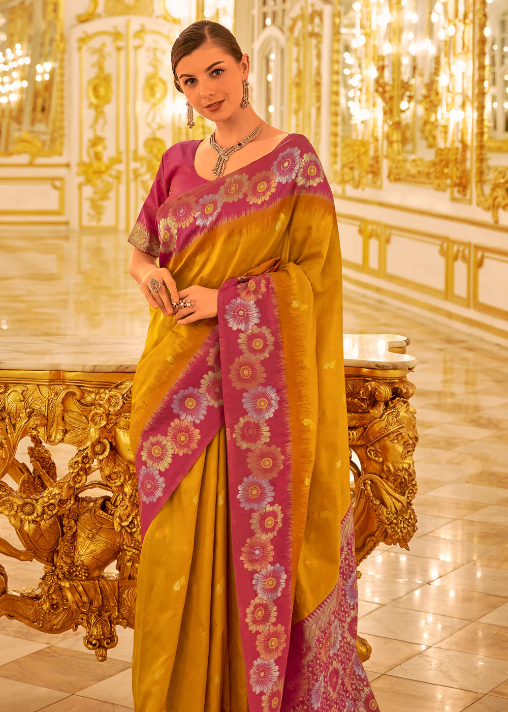 HONEY GOLD & PINK TWO TONE WOVEN BANARASI SILK SAREE