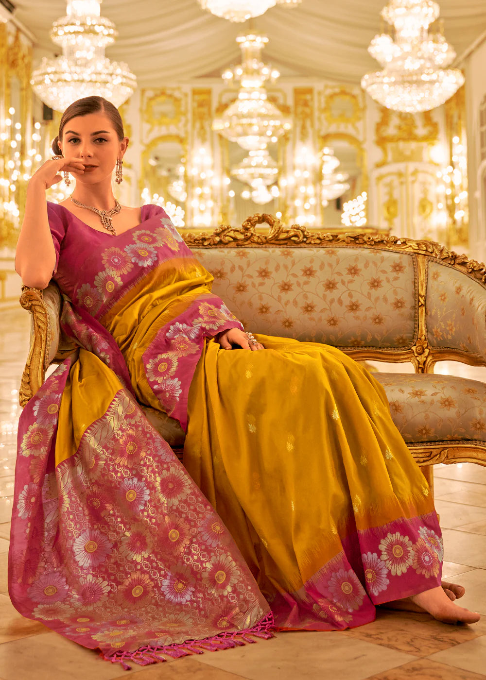 HONEY GOLD & PINK TWO TONE WOVEN BANARASI SILK SAREE