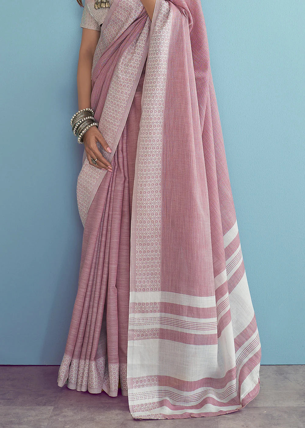 PINK PURPLE LINEN SILK SAREE WITH CHIKANKARI WEAVED BORDER