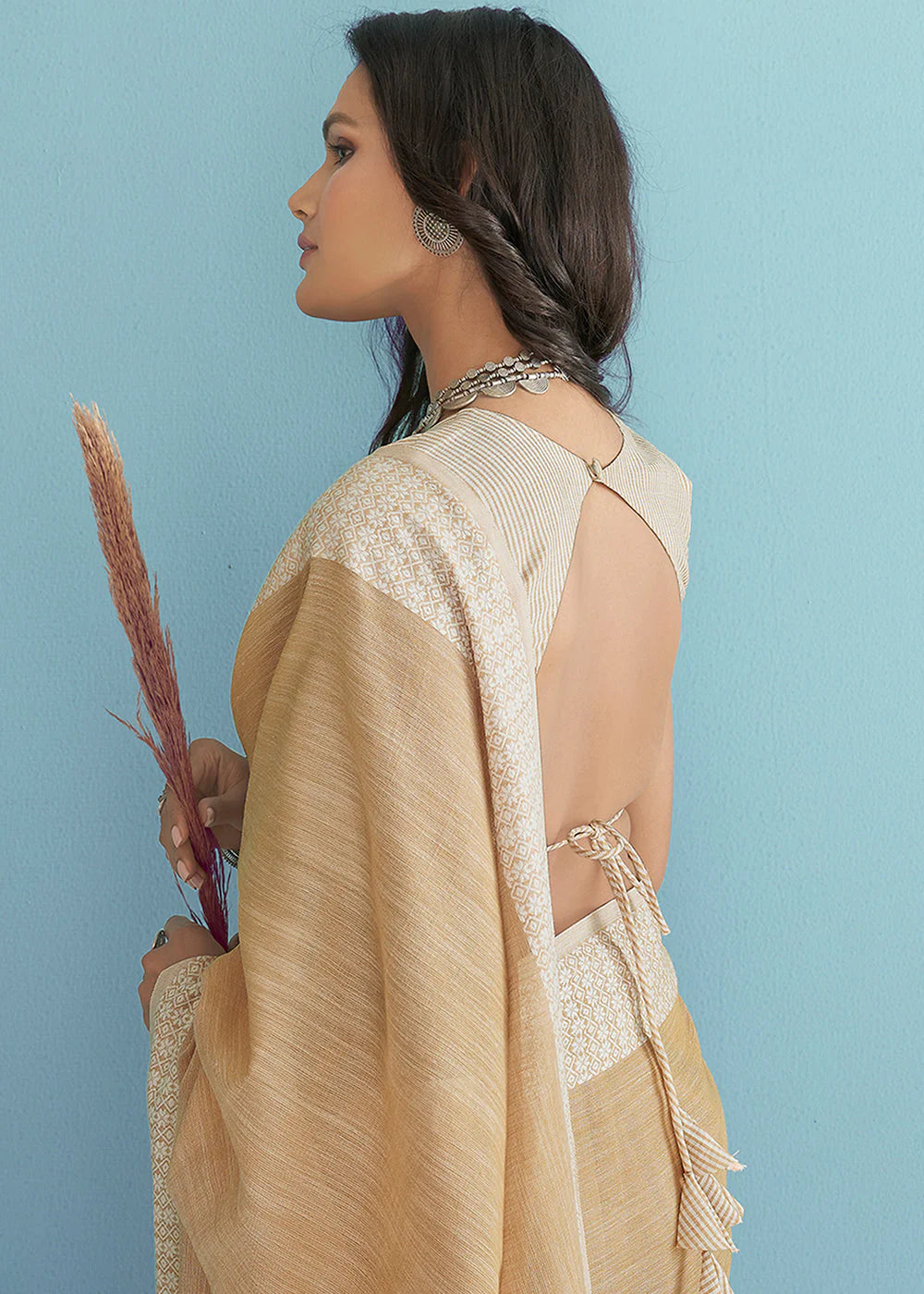 EMBERGLOW BROWN LINEN SILK SAREE WITH CHIKANKARI WEAVED BORDER