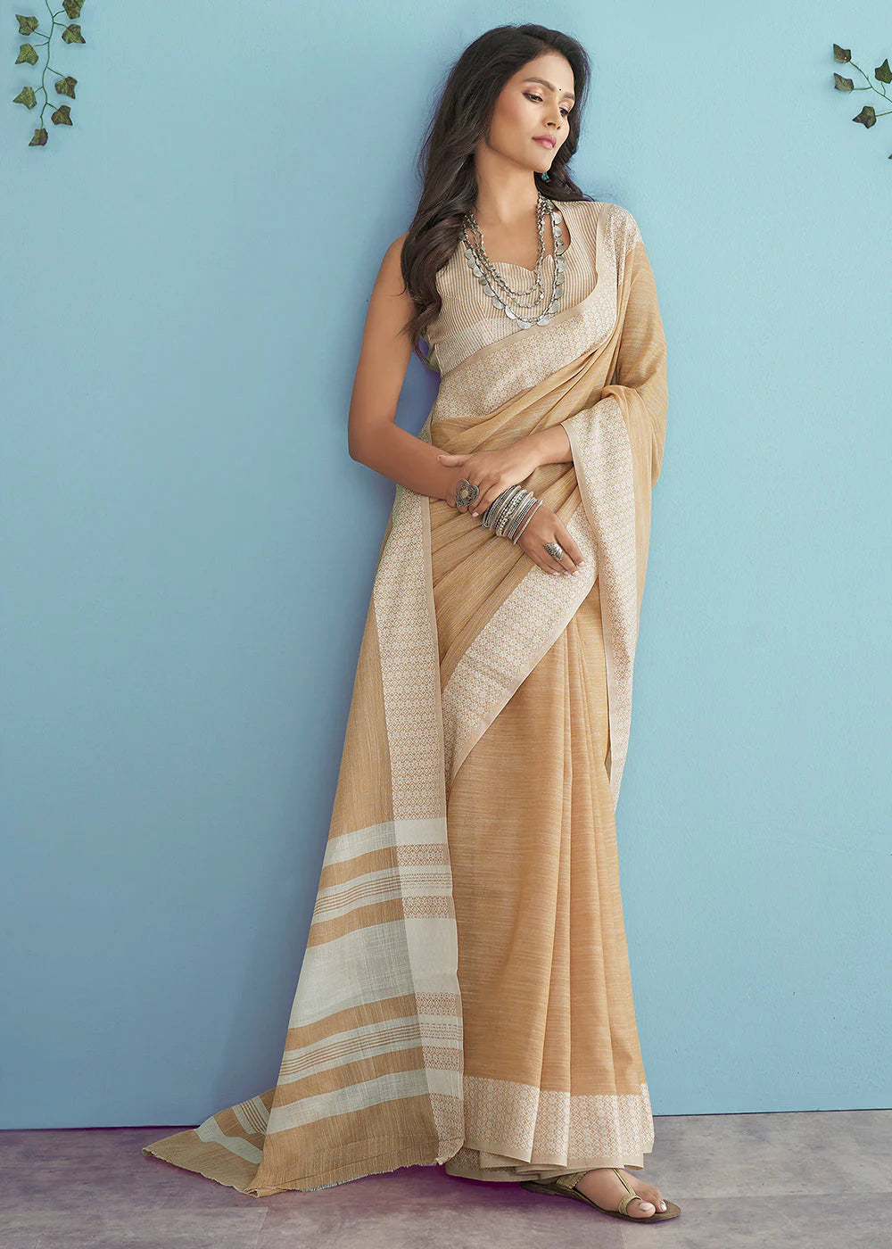 EMBERGLOW BROWN LINEN SILK SAREE WITH CHIKANKARI WEAVED BORDER