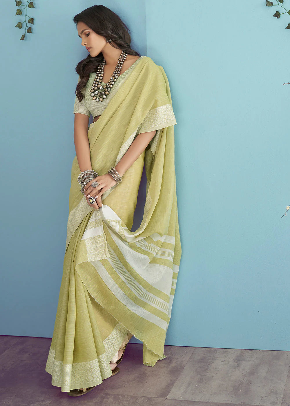 HARLEQUIN YELLOW LINEN SILK SAREE WITH CHIKANKARI WEAVED BORDER