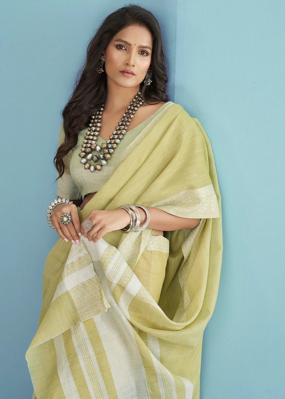 HARLEQUIN YELLOW LINEN SILK SAREE WITH CHIKANKARI WEAVED BORDER