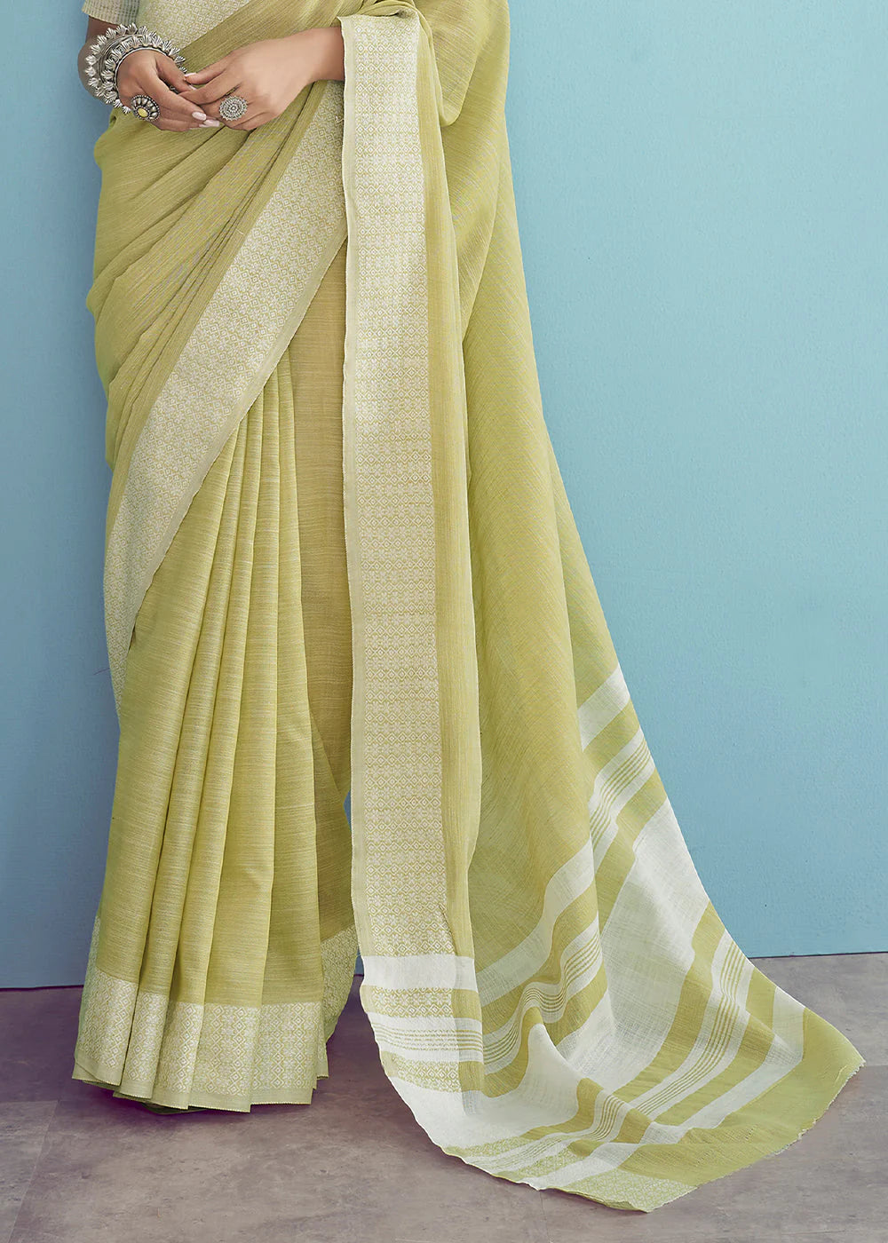 HARLEQUIN YELLOW LINEN SILK SAREE WITH CHIKANKARI WEAVED BORDER