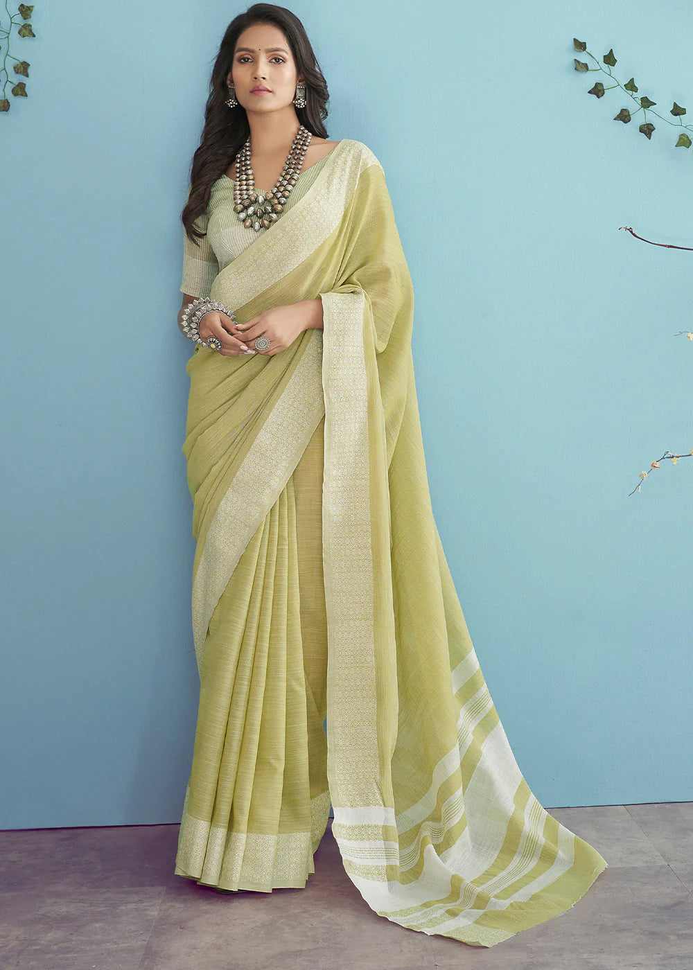 HARLEQUIN YELLOW LINEN SILK SAREE WITH CHIKANKARI WEAVED BORDER