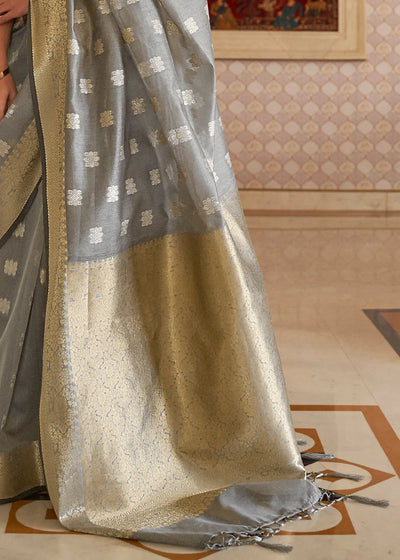 Grey And Gold Woven Banarsi Silk Saree