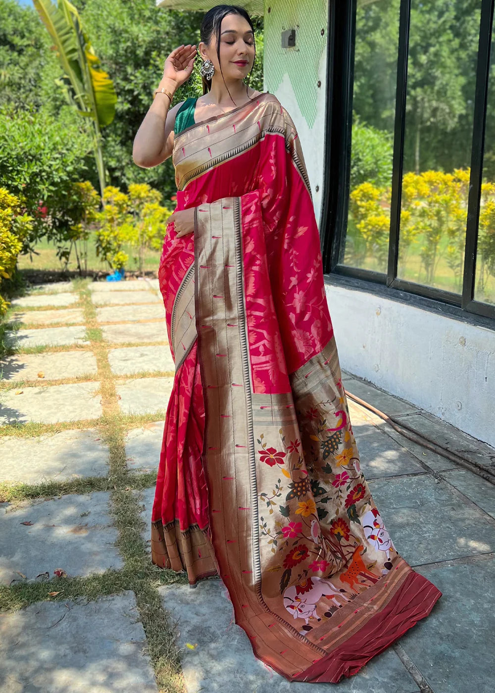 ROSE PINK Woven Paithani Silk Saree