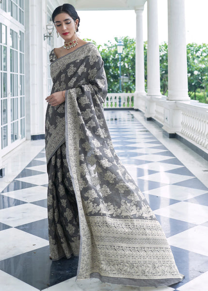 Grey Lucknowi Chikankari Cotton Princess Saree