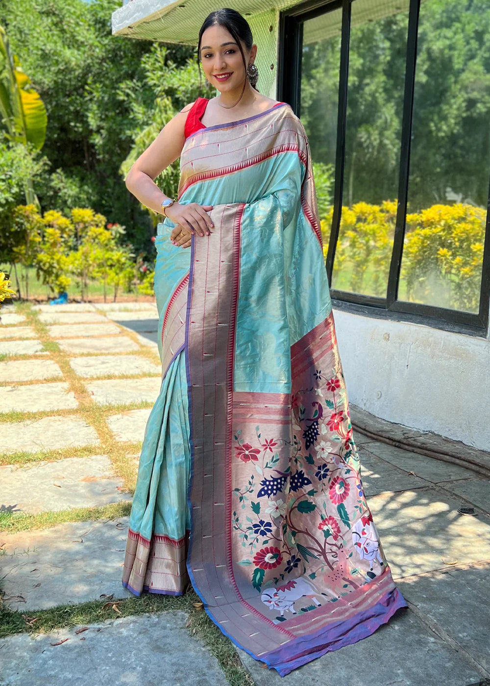 SKY BLUE Woven Paithani Silk Saree