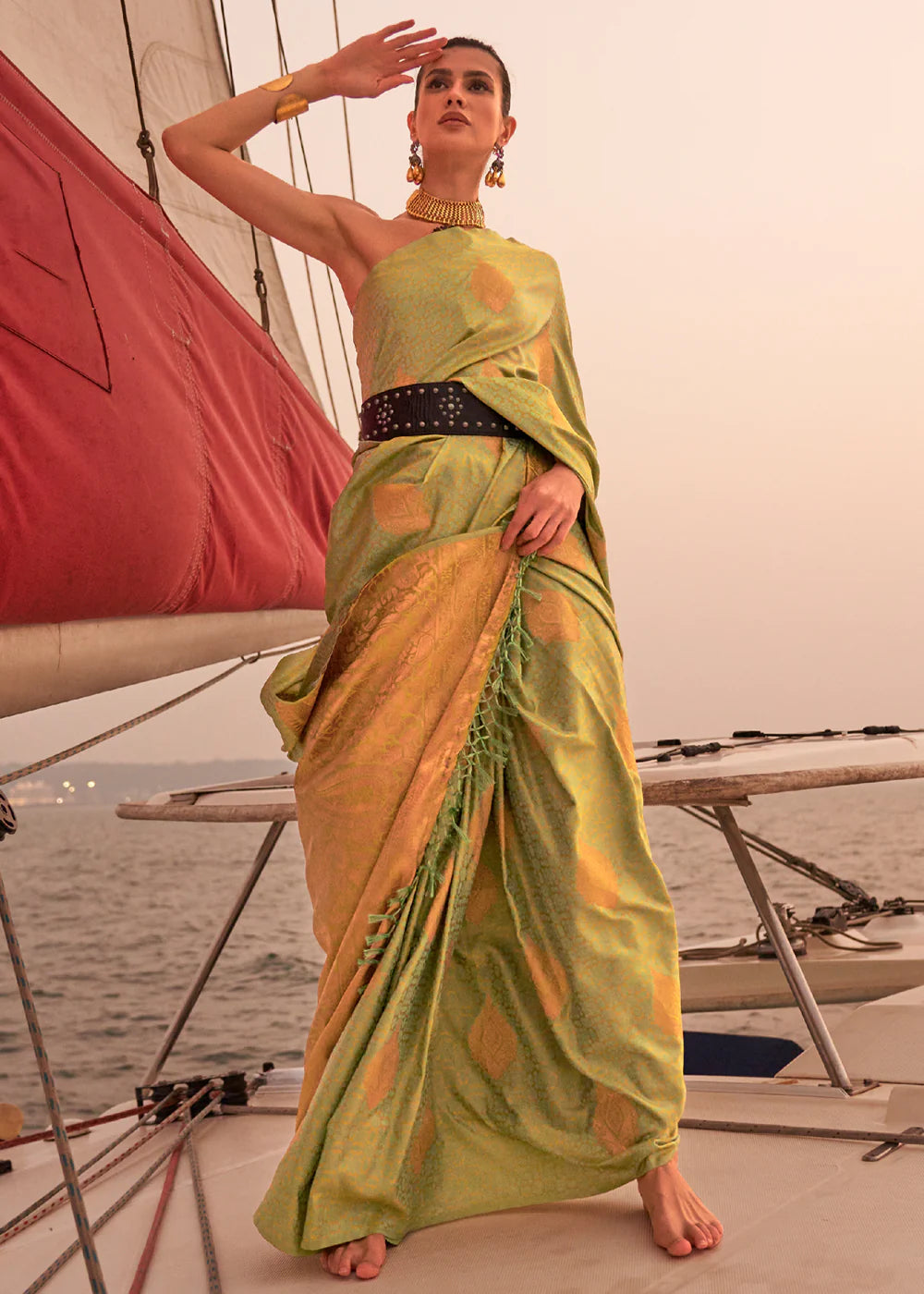 OLIVE GREEN Dual Tone Banarasi Satin Silk Saree