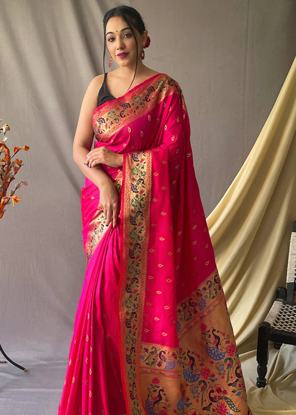 CORAL Pink Woven Paithani Silk Saree