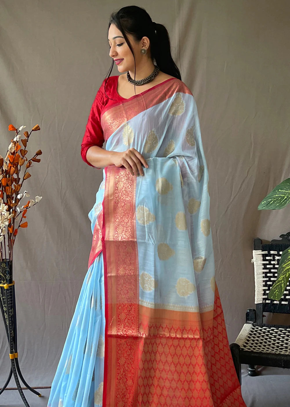 POWDER BLUE Linen  Banarasi Silk Saree