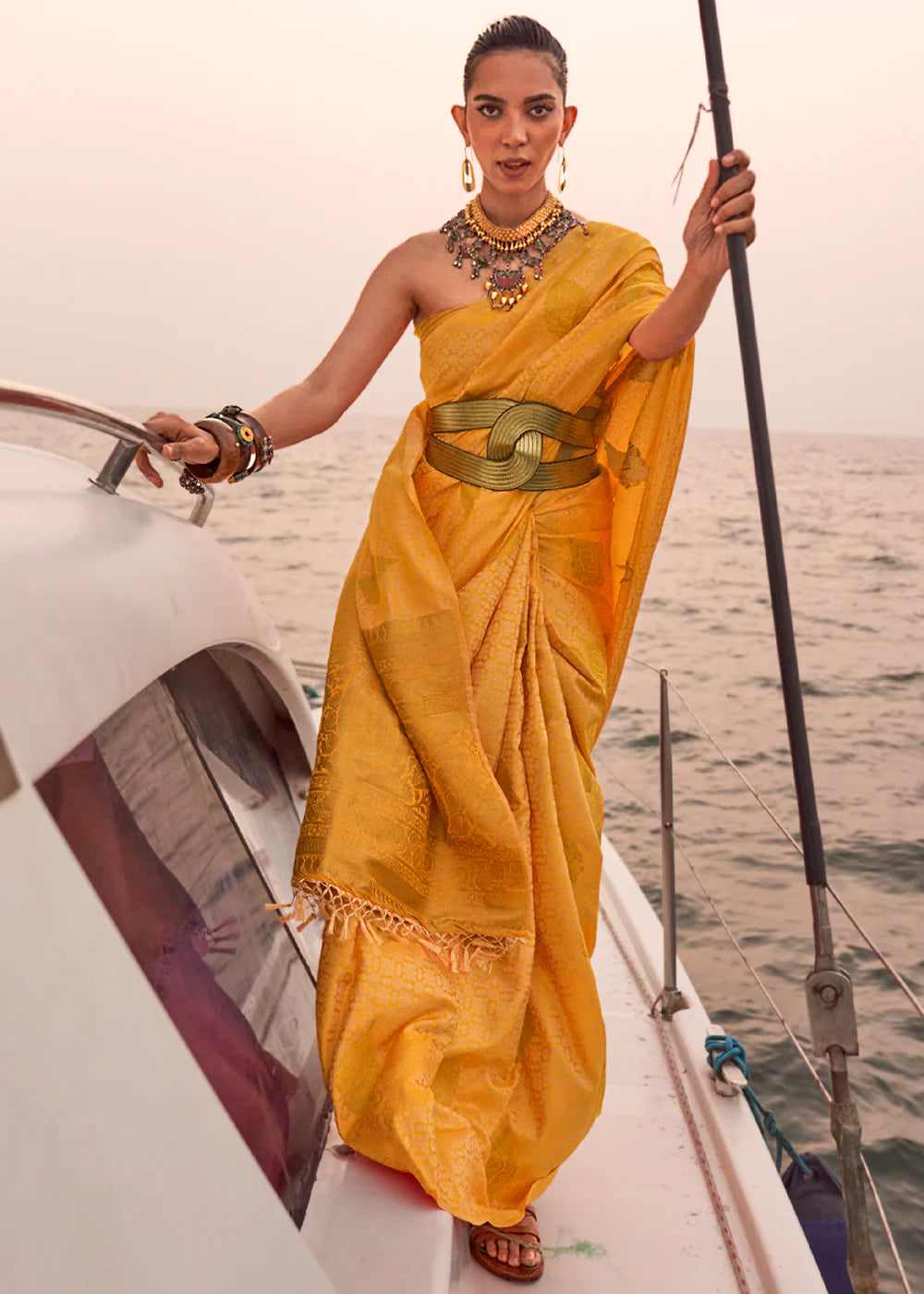 GOLD YELLOW Dual Tone Banarasi Satin Silk Saree