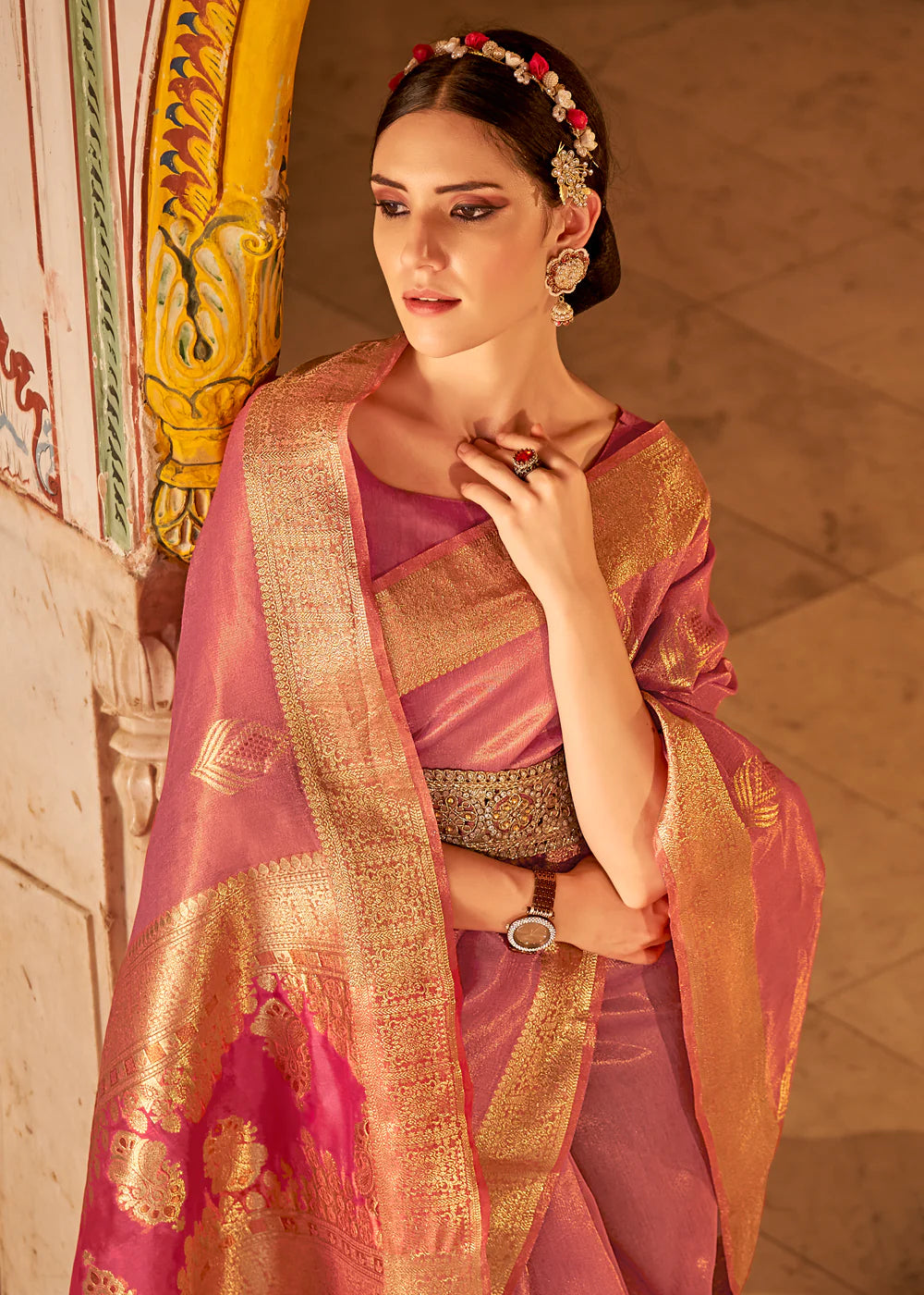 SUGAR ROSE Banarasi Tissue Silk Saree