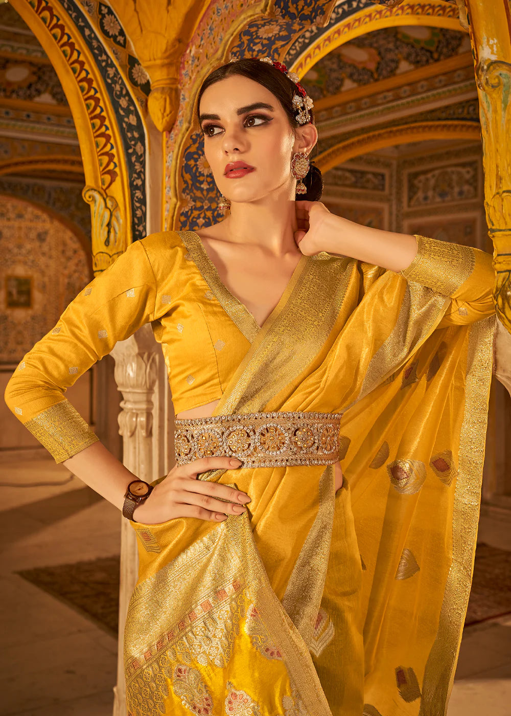 BOLD YELLOW Banarasi Tissue Silk Saree