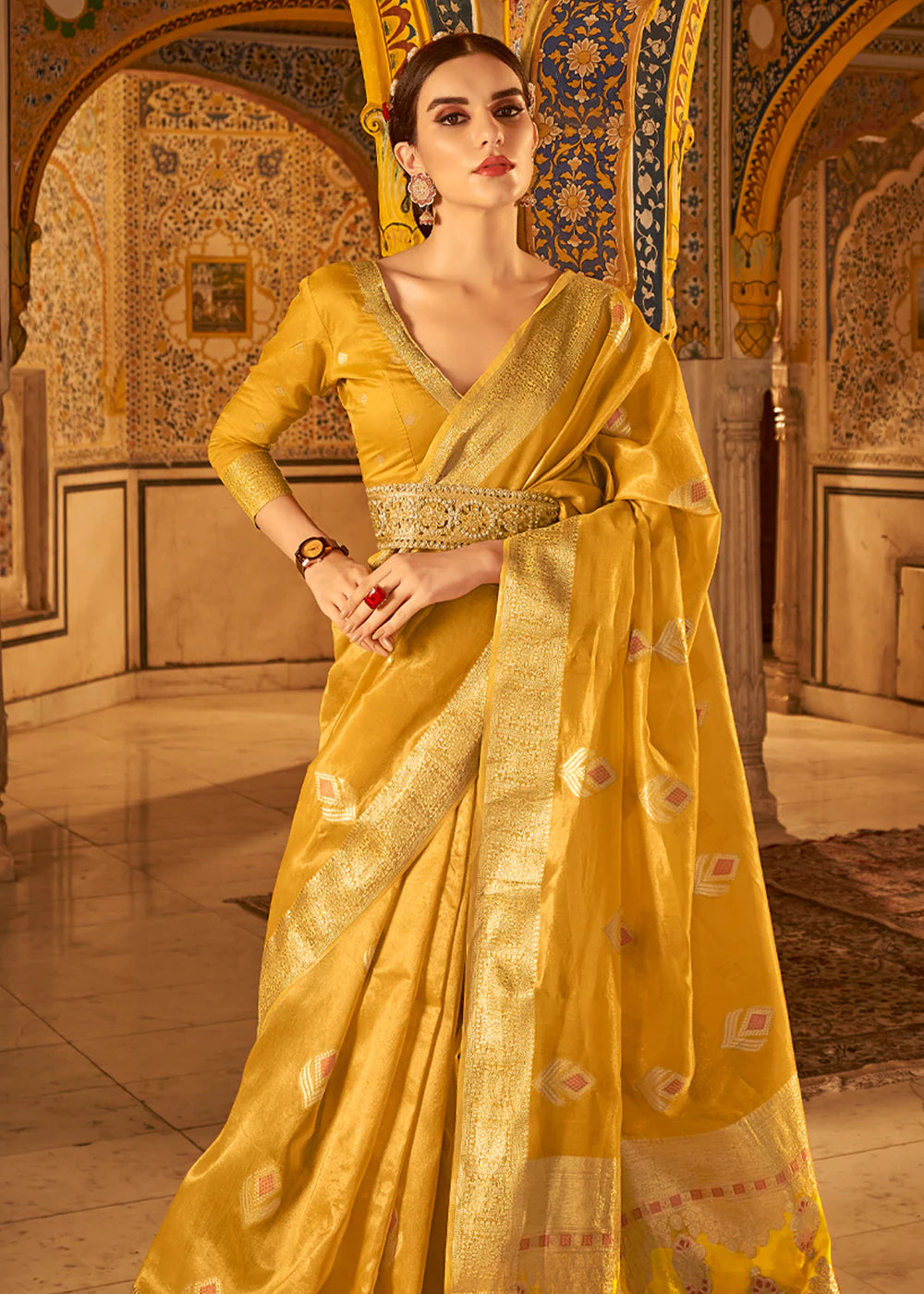 BOLD YELLOW Banarasi Tissue Silk Saree