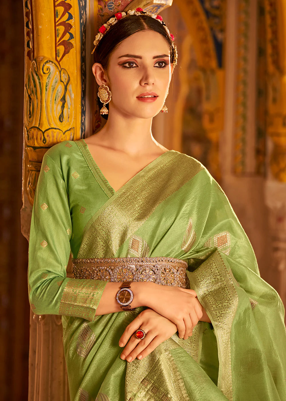 MOSS GREEN Banarasi Tissue Silk Saree