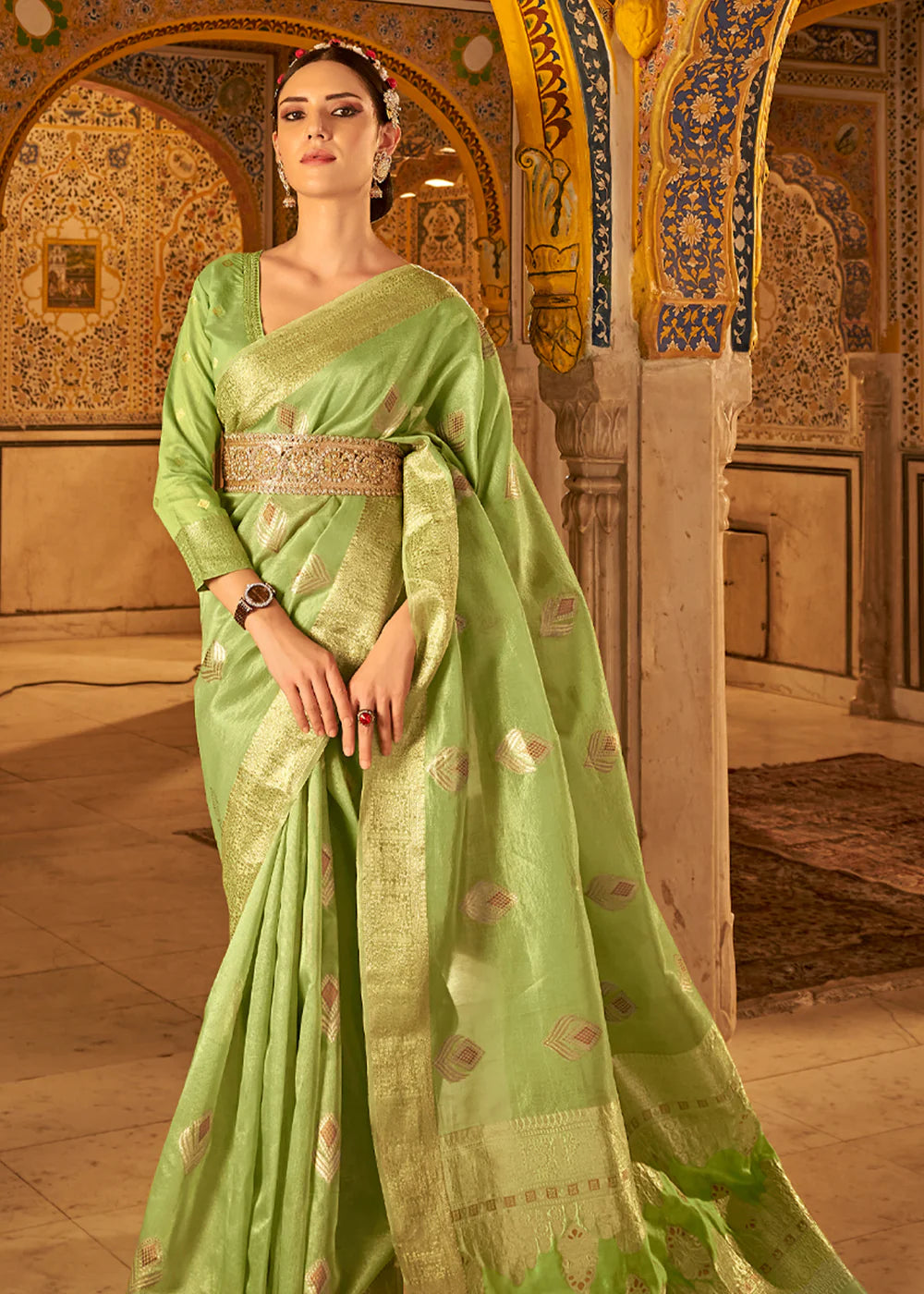 MOSS GREEN Banarasi Tissue Silk Saree