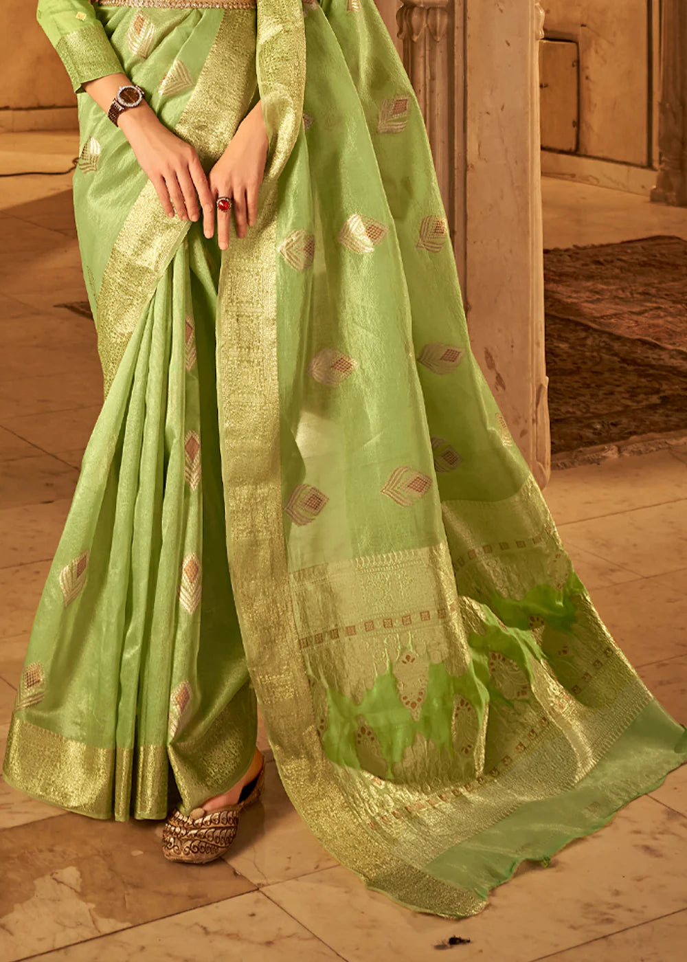 MOSS GREEN Banarasi Tissue Silk Saree