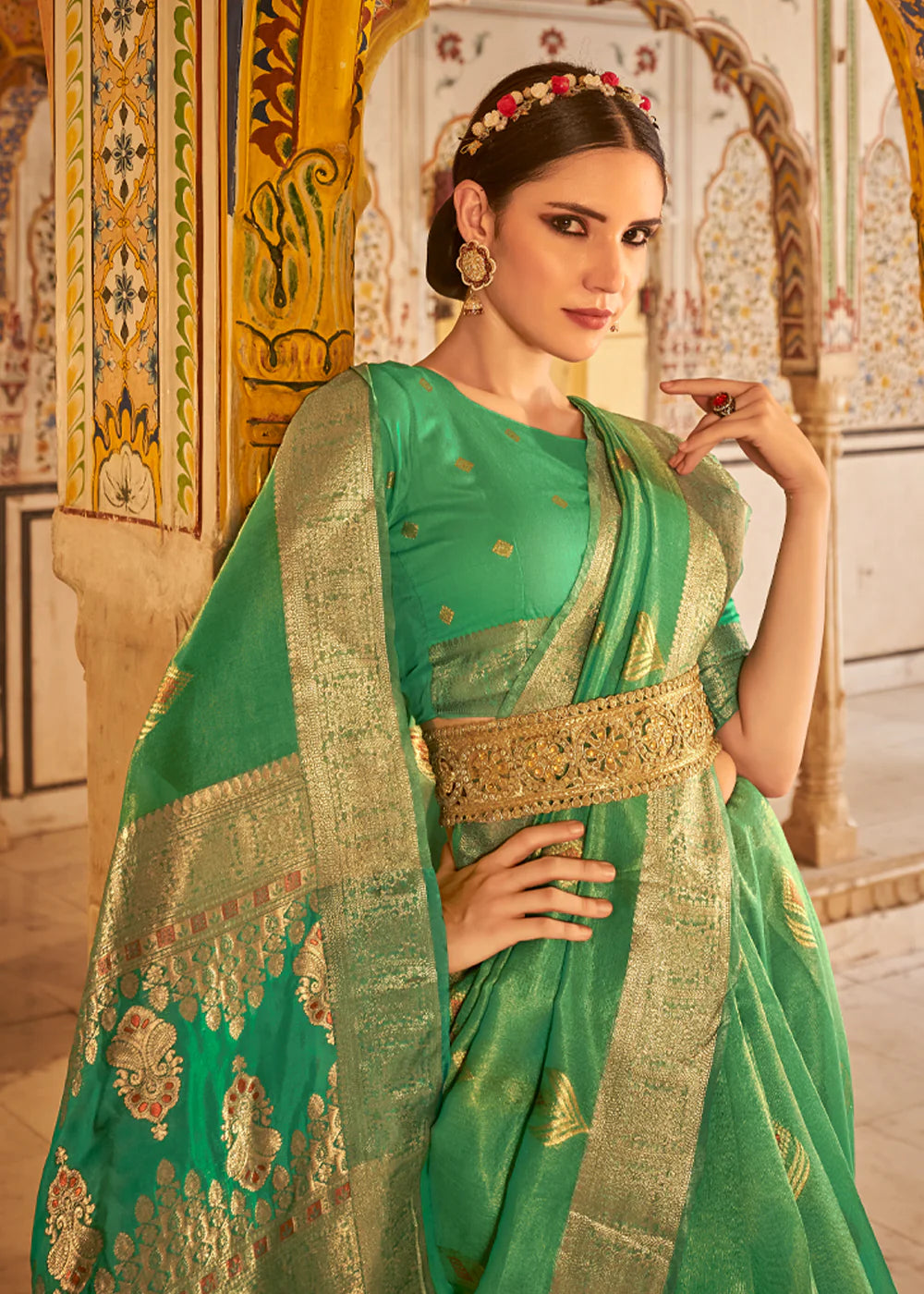 SLMIY GREEN Banarasi Tissue Silk Saree