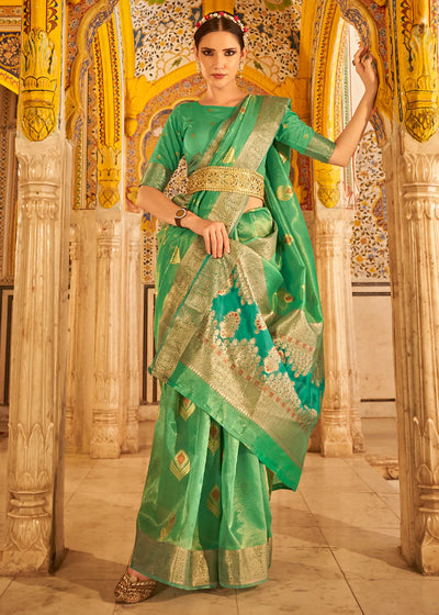 SLMIY GREEN Banarasi Tissue Silk Saree