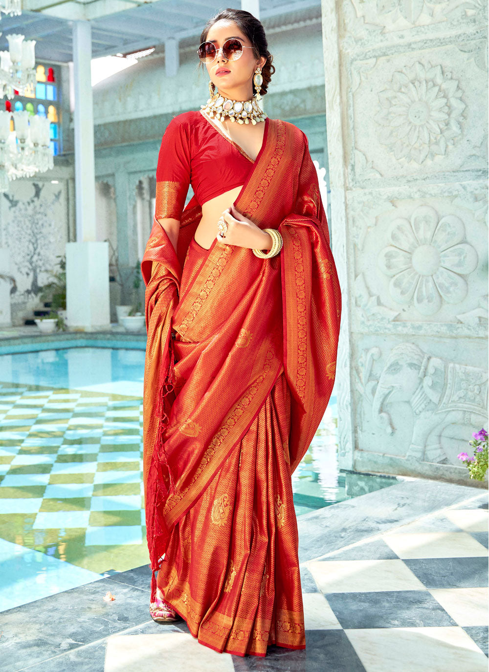 Lovely Red Color Kanjivaram Silk Contemporary Style Saree