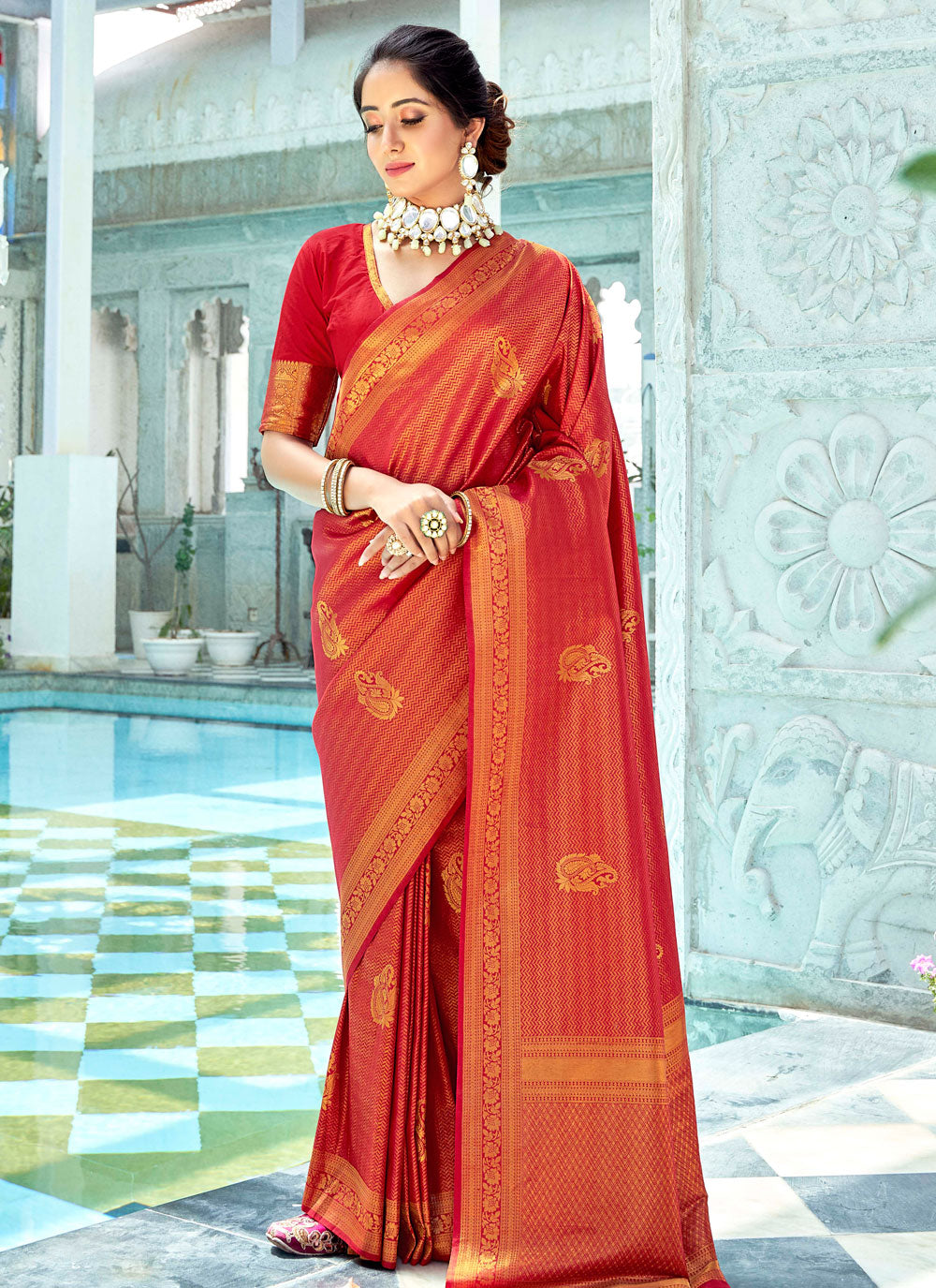 Lovely Red Color Kanjivaram Silk Contemporary Style Saree