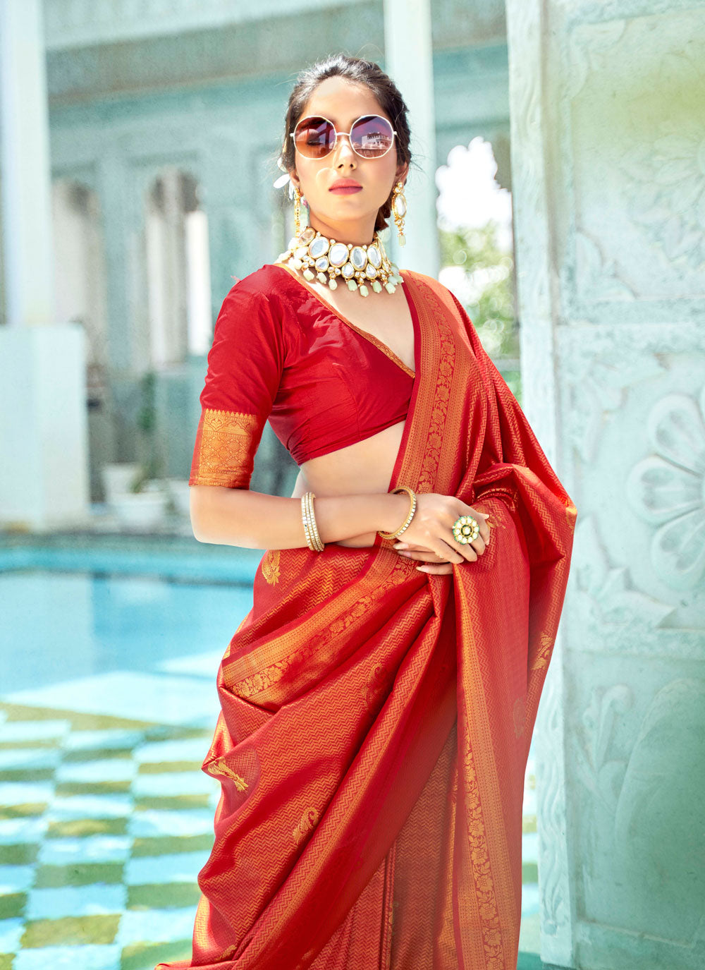 Lovely Red Color Kanjivaram Silk Contemporary Style Saree