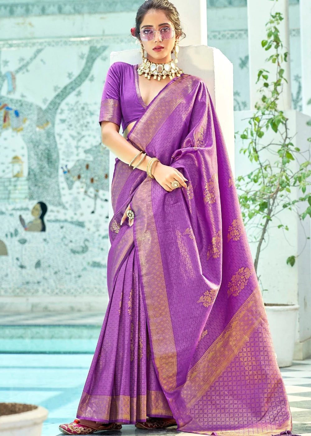 ELECTRIC Drama Purple Kanjivaram Zari Silk Saree