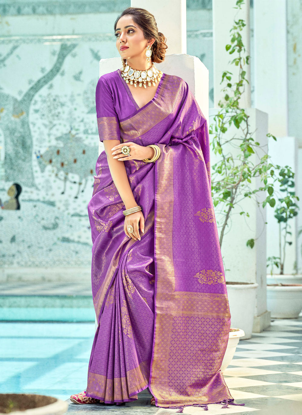 Fancy Violet Color Woven Enhanced Party Wear Saree