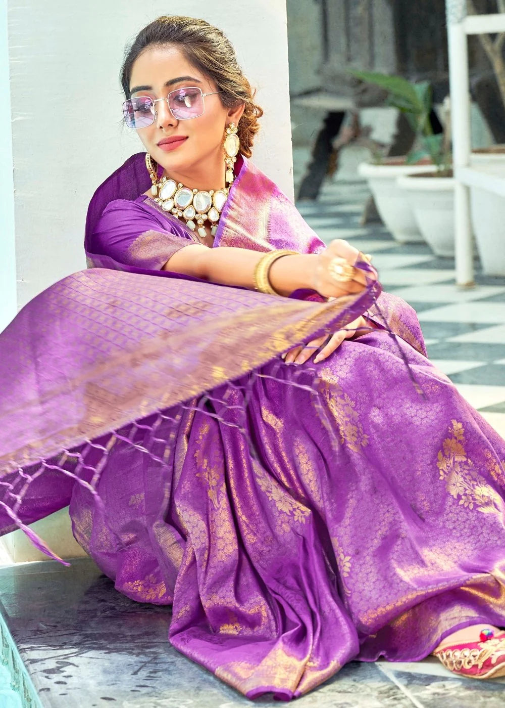ELECTRIC Drama Purple Kanjivaram Zari Silk Saree