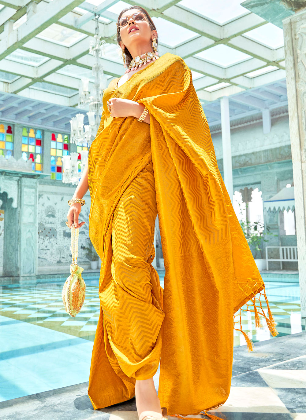 Fabulous Mustard Color Kanjivaram Silk Saree