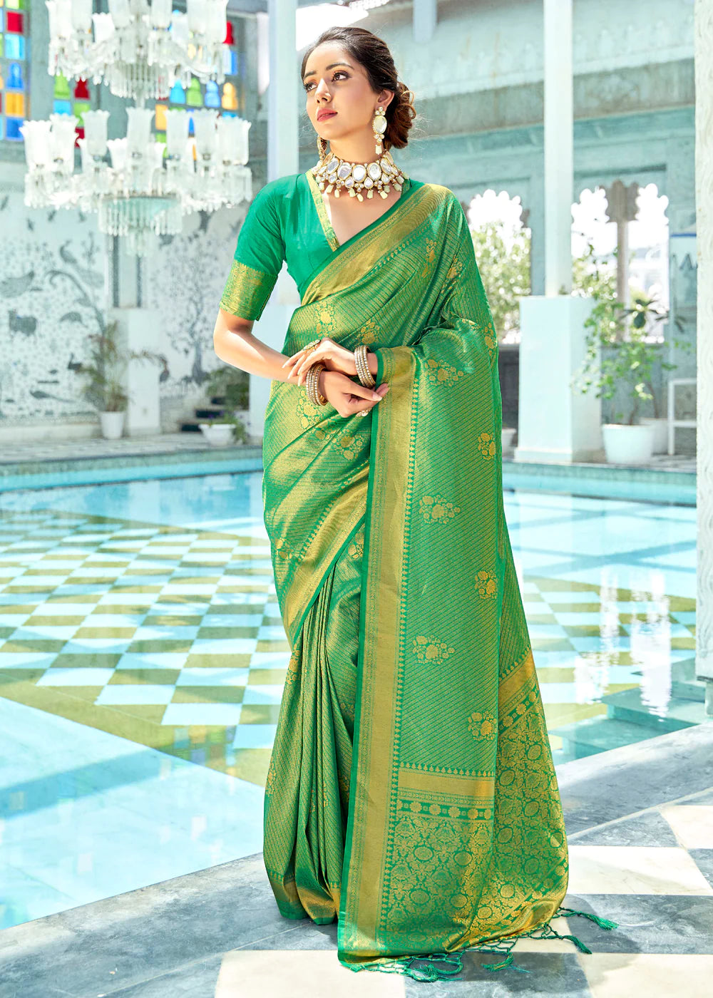 iquant Olive Green Kanjivaram Zari Silk Saree