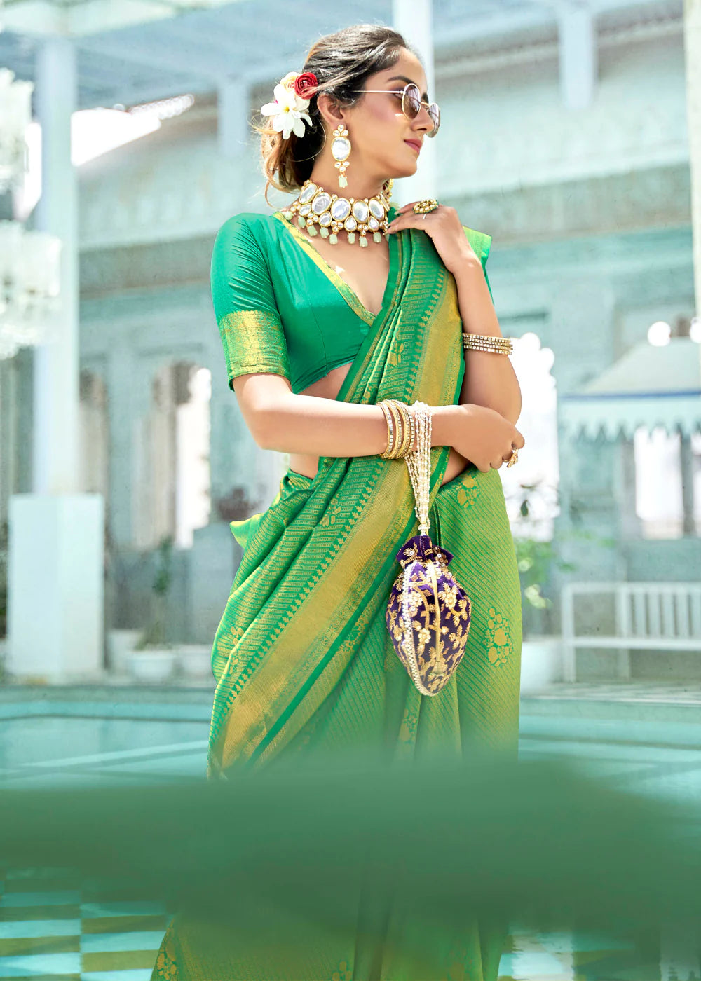 iquant Olive Green Kanjivaram Zari Silk Saree