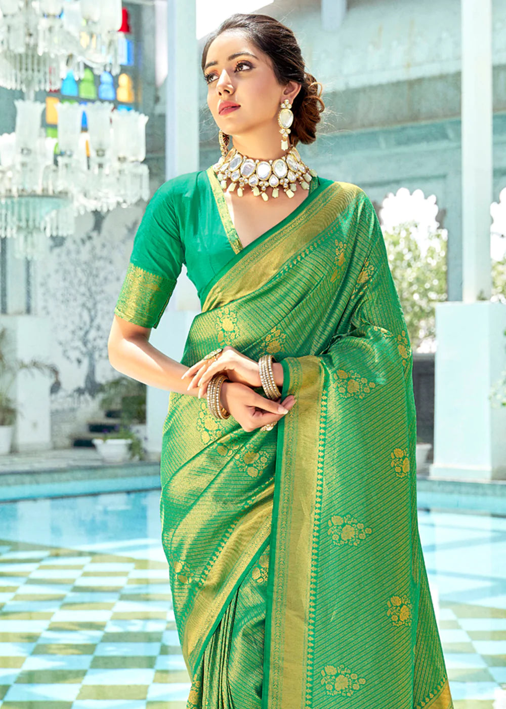 iquant Olive Green Kanjivaram Zari Silk Saree