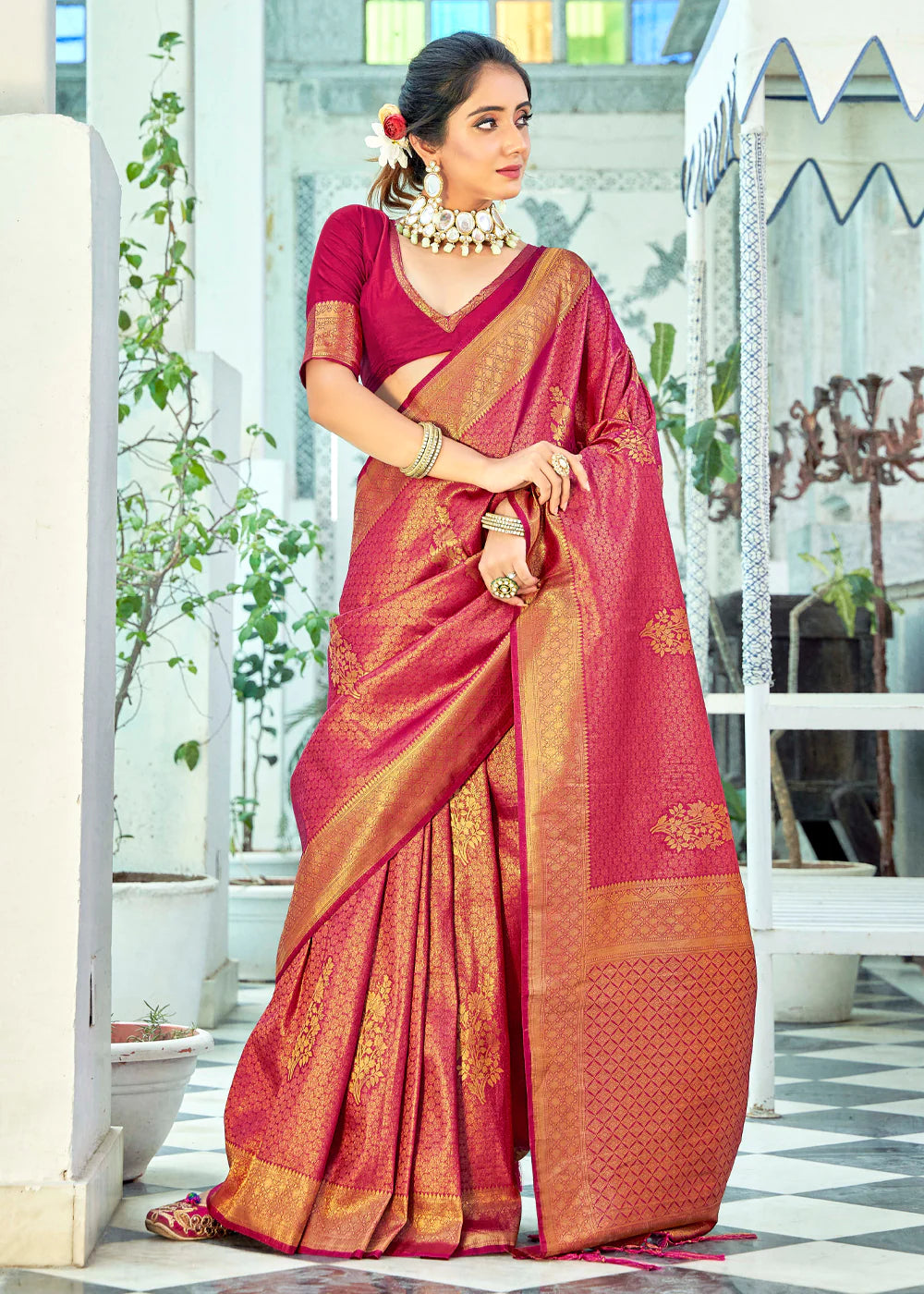 Royal Maroon Pink Kanjivaram Zari Silk Saree