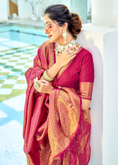 Royal Maroon Pink Kanjivaram Zari Silk Saree