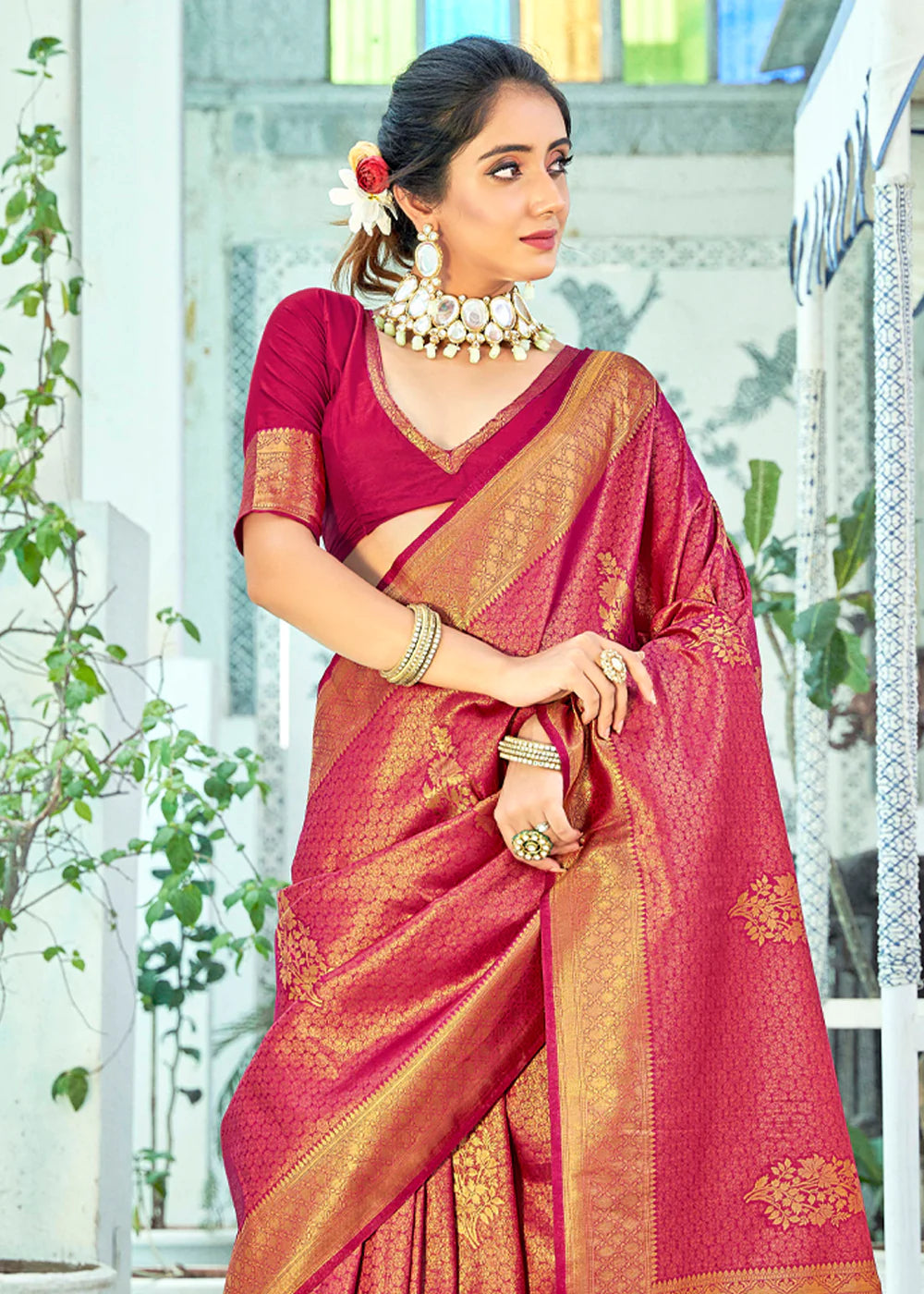 Royal Maroon Pink Kanjivaram Zari Silk Saree