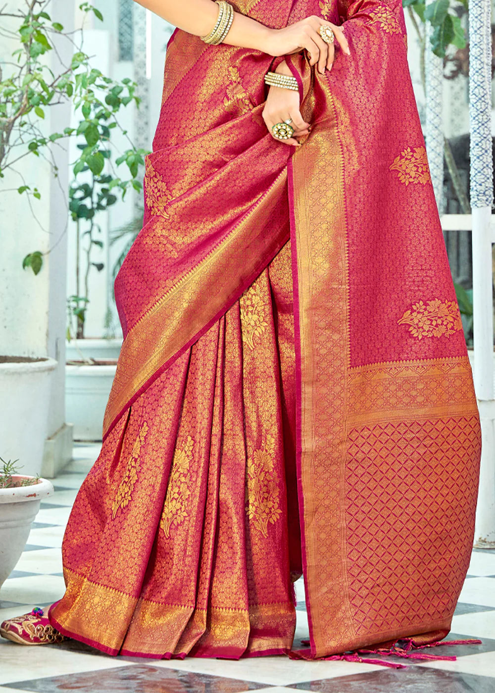 Royal Maroon Pink Kanjivaram Zari Silk Saree