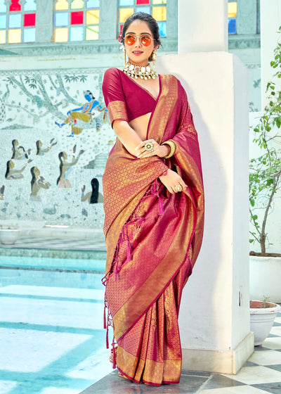 Royal Maroon Pink Kanjivaram Zari Silk Saree
