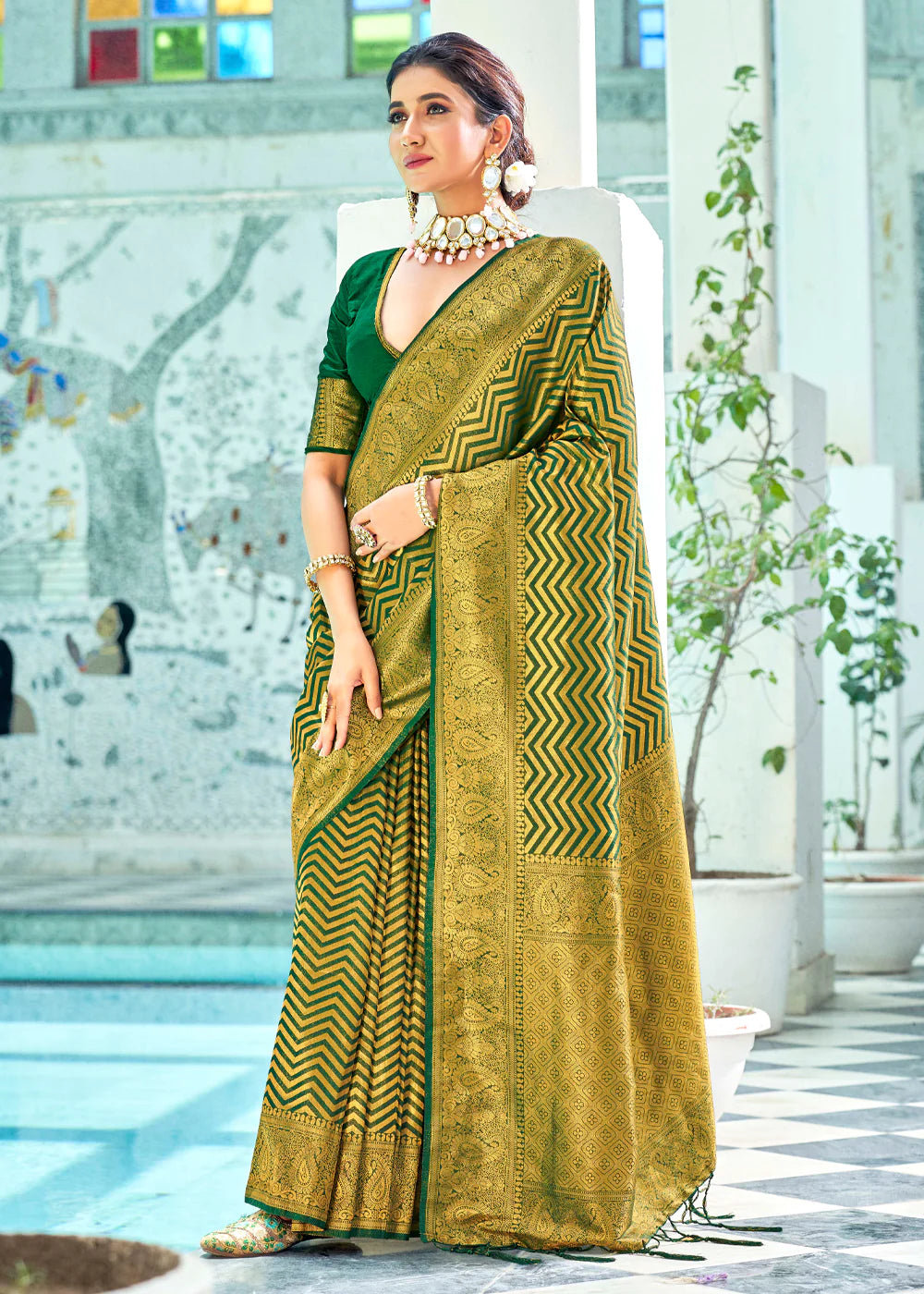 AVOCADO Green Kanjivaram Zari Silk Saree