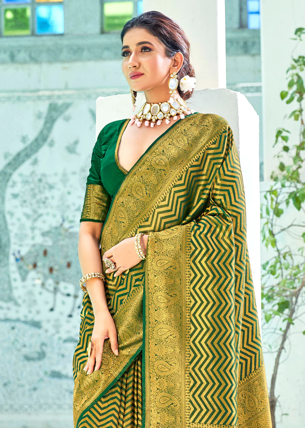 AVOCADO Green Kanjivaram Zari Silk Saree