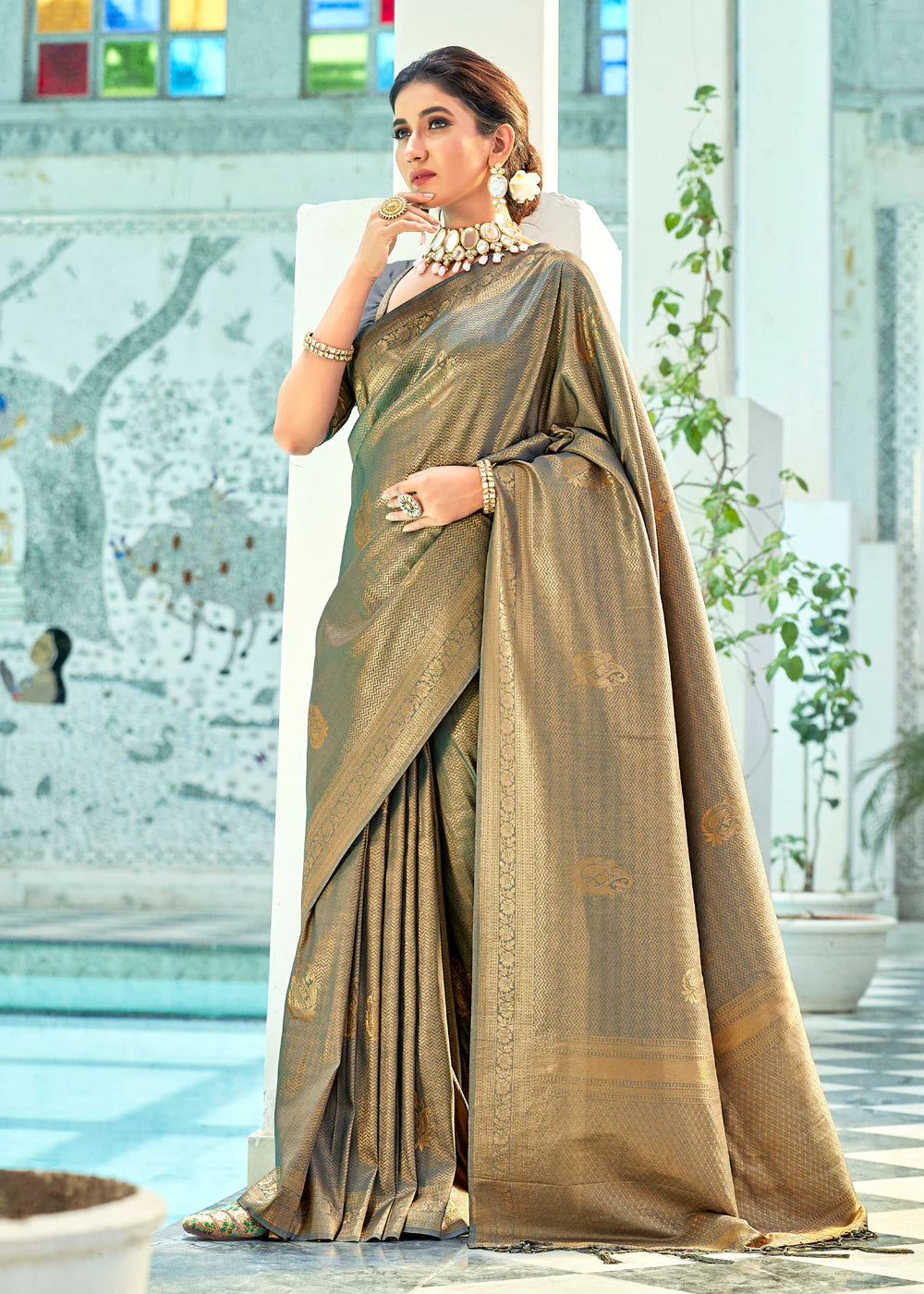 Stone Grey Kanjivaram Zari Silk Saree