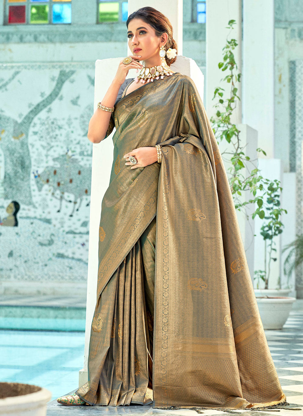 Opulent Grey Kanjivaram Silk Designer Contemporary Saree