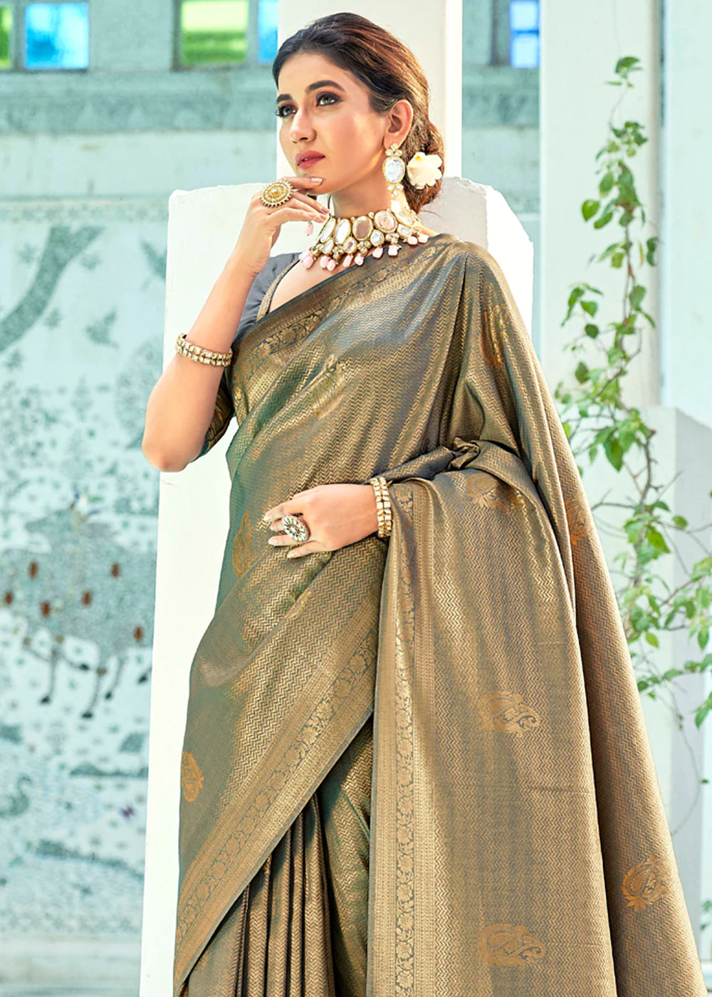 Stone Grey Kanjivaram Zari Silk Saree