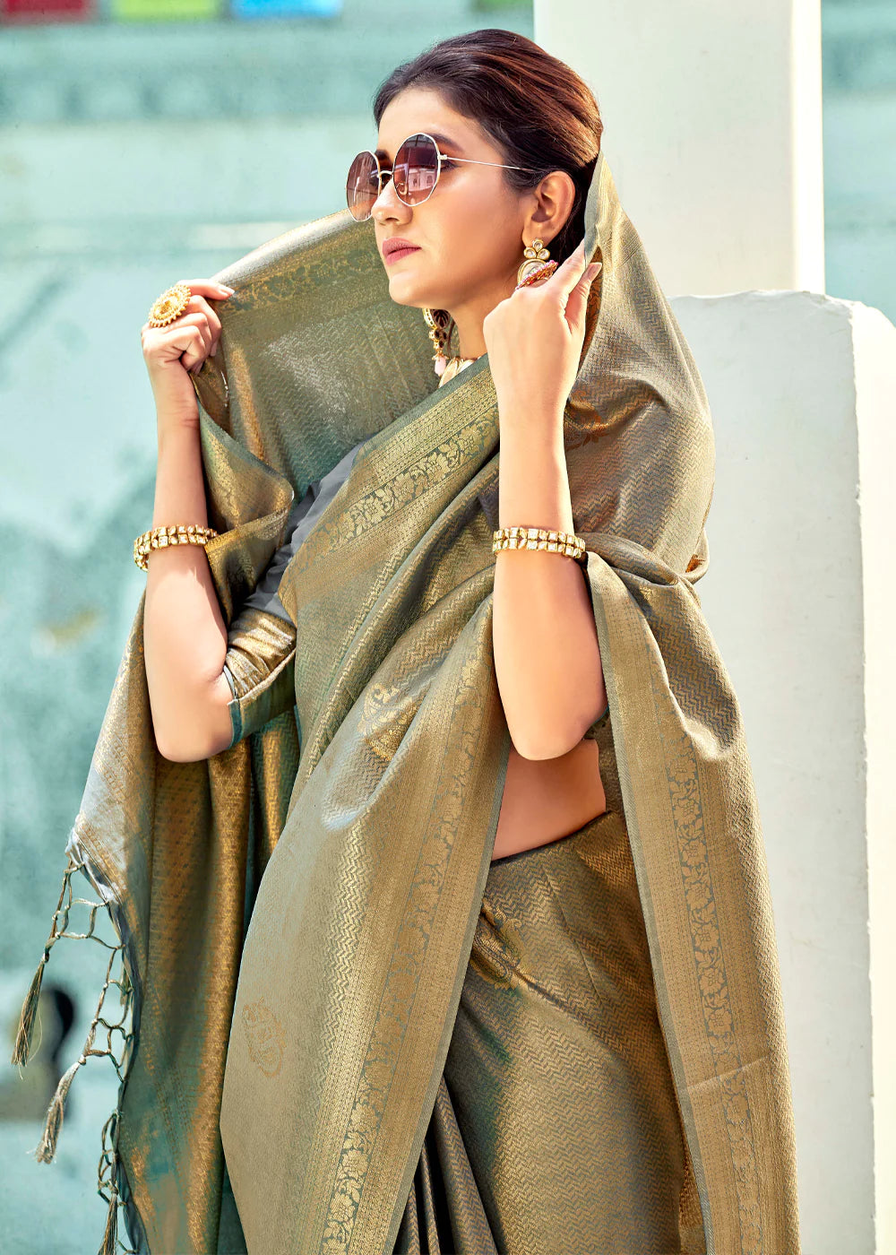 Stone Grey Kanjivaram Zari Silk Saree