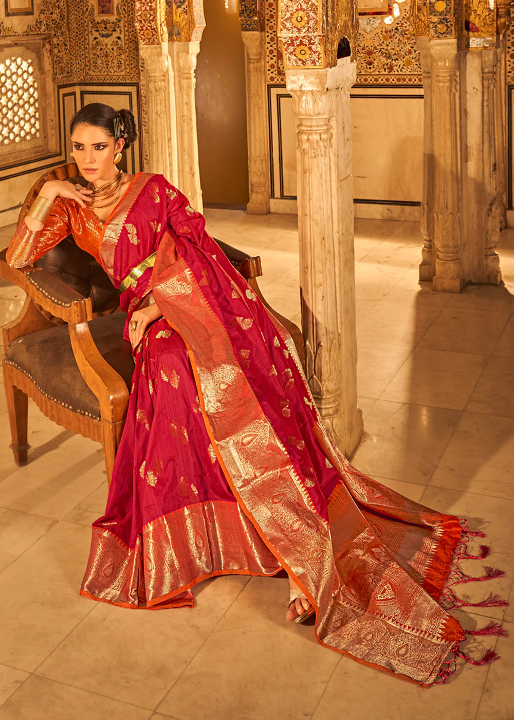 CRIMSON Red Banarasi Woven TISSUE Silk Saree