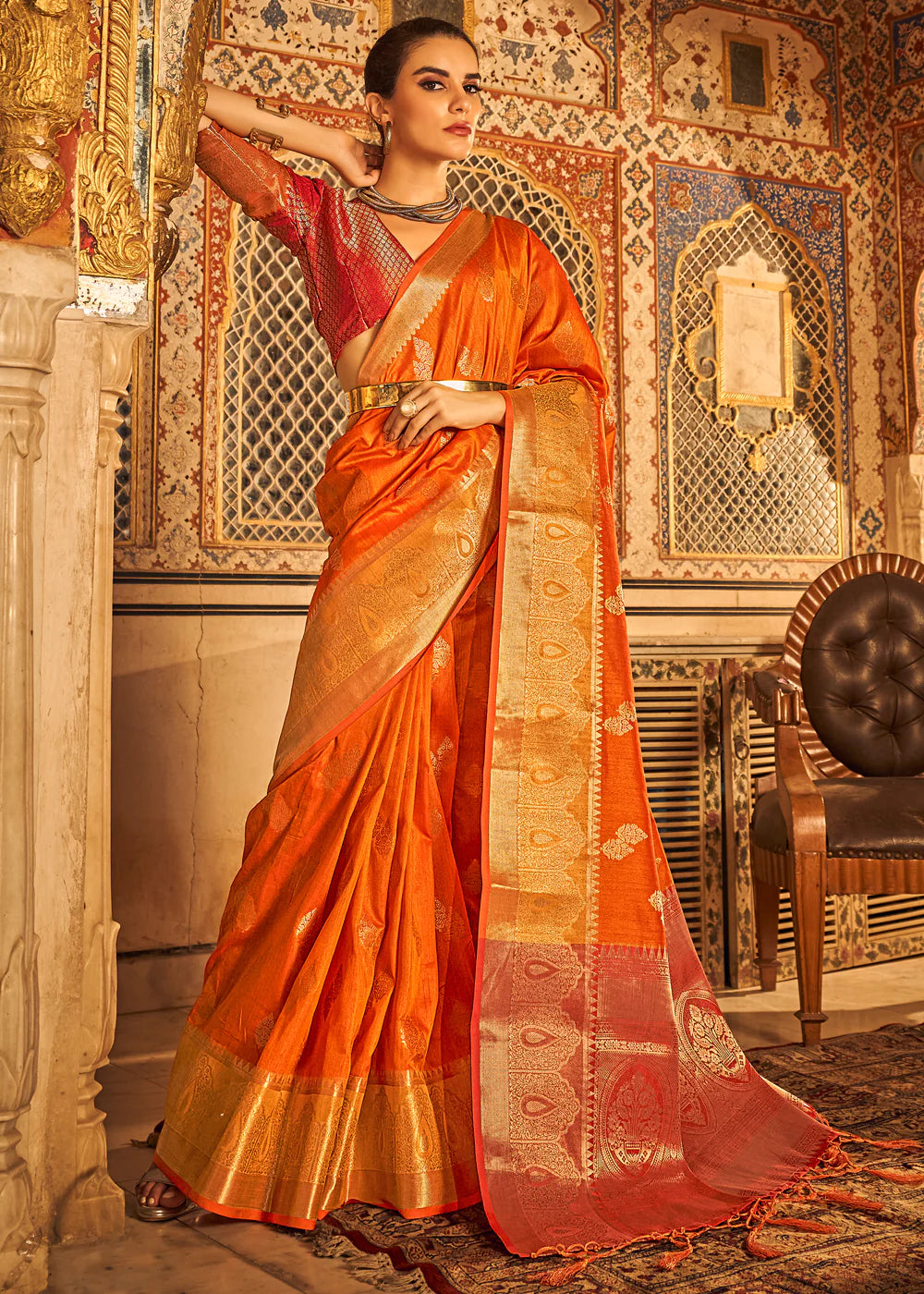 GOLDFISH ORANGE BANARASI Woven TISSUE Silk Saree