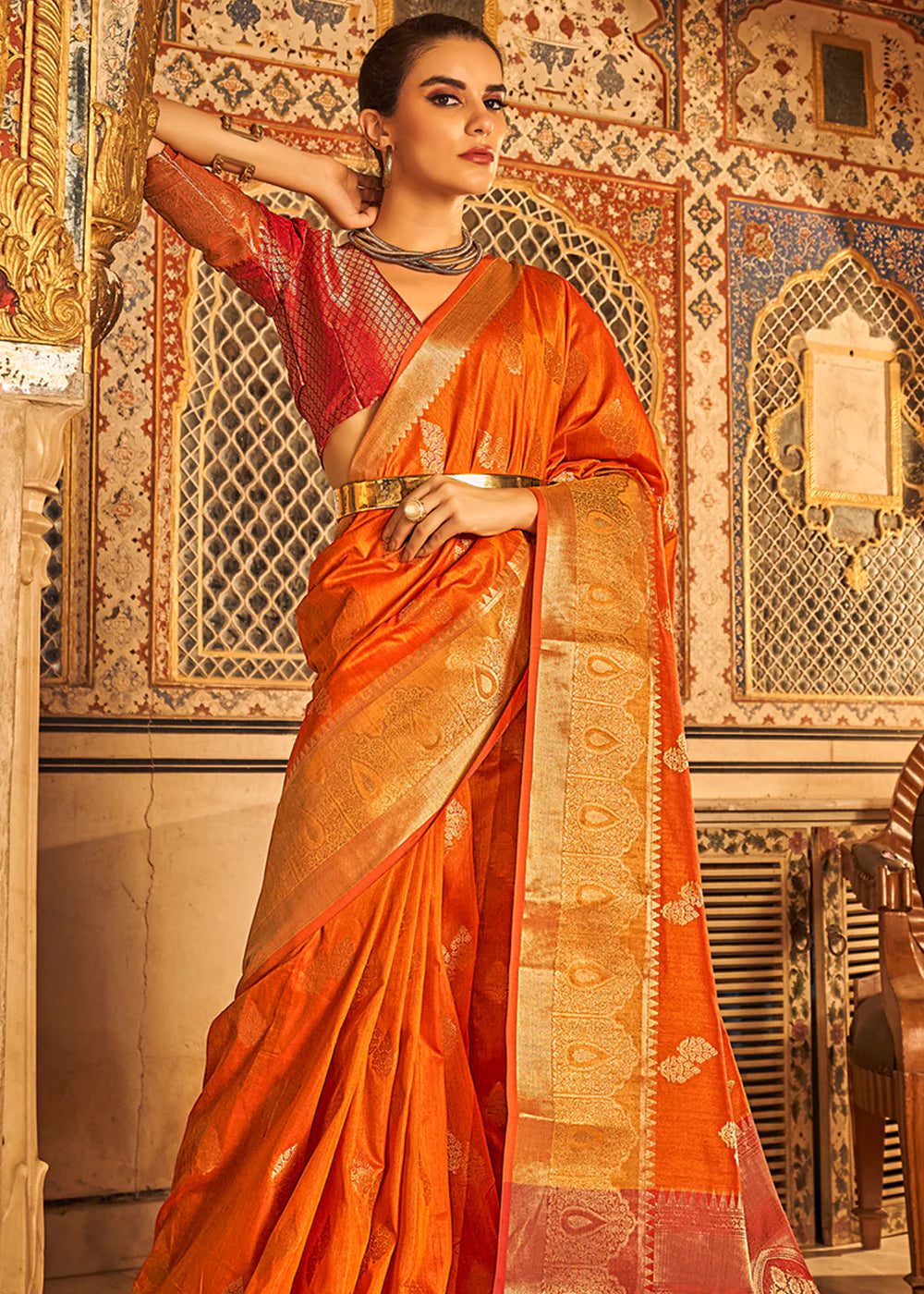 GOLDFISH ORANGE BANARASI Woven TISSUE Silk Saree